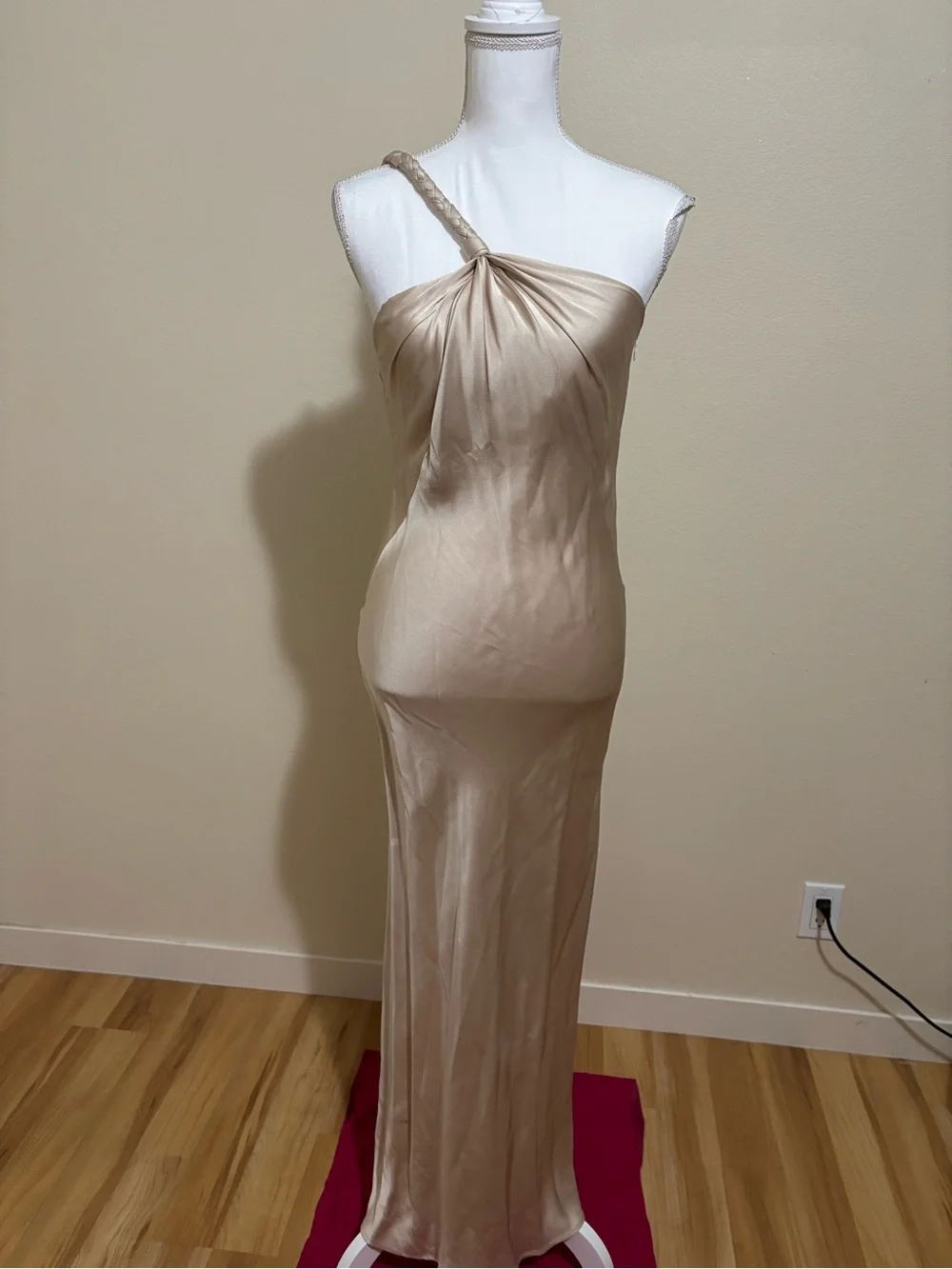 Elie Tahari One-Shoulder Satin Gown in Champagne Beige